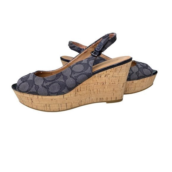 Coach Shoes - COACH Women’s Black Monogram Cork Wedge Platform‎ Open Toe Shoes SIZE 8 B